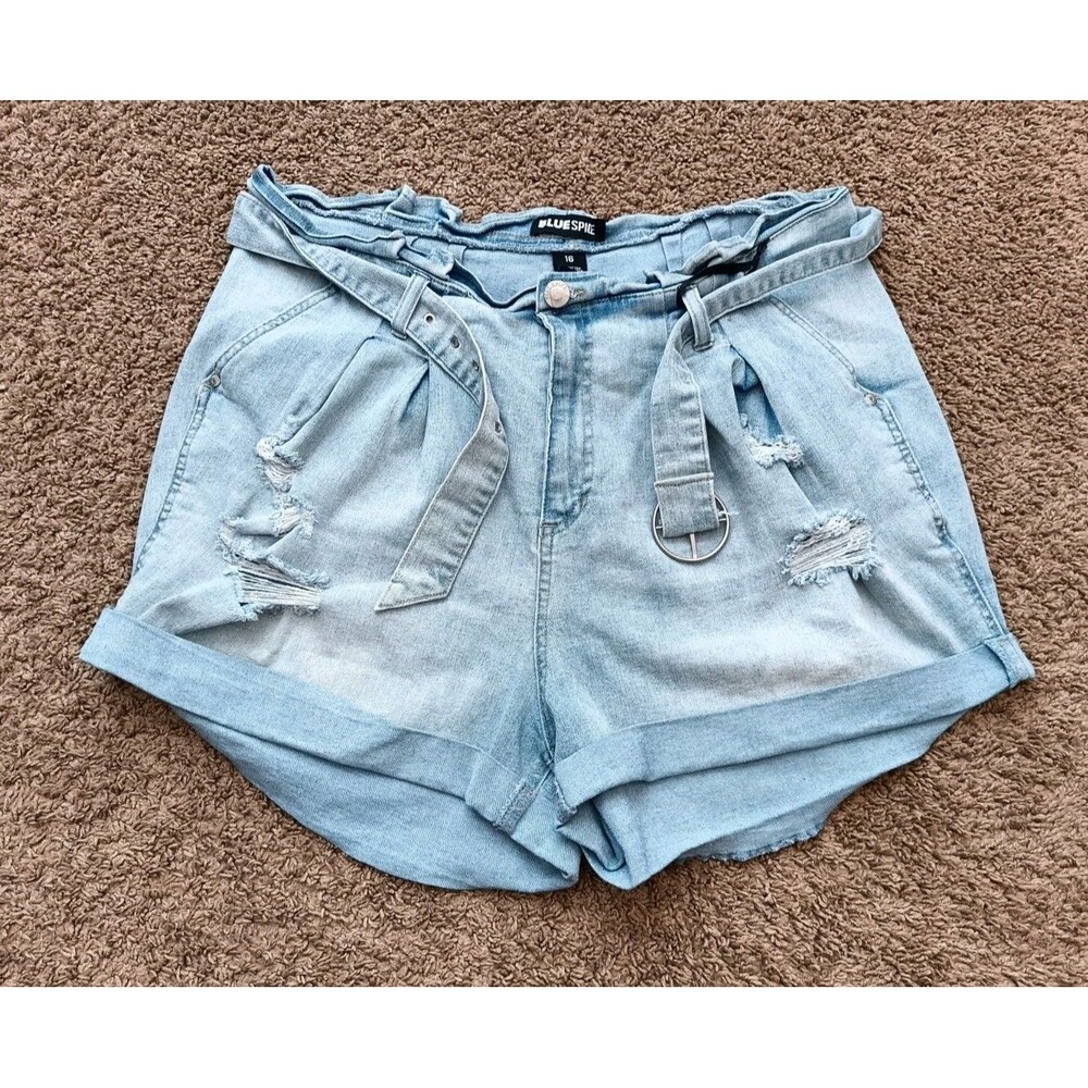 Blue Spice Denim Shorts Women's Size 16 Belted Distressed Rolled Hem Light Rinse
